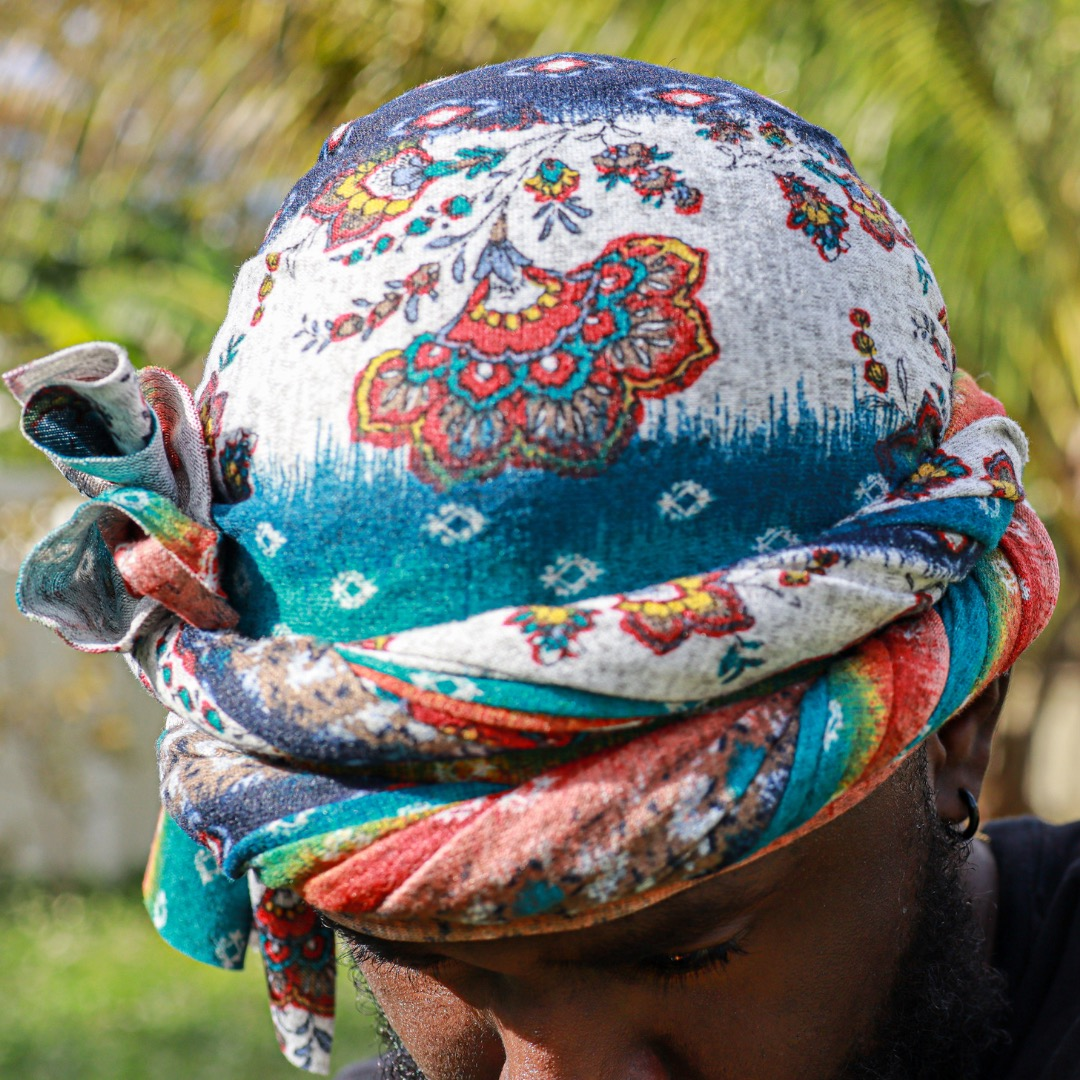 Male turban with colorful prints and flowers