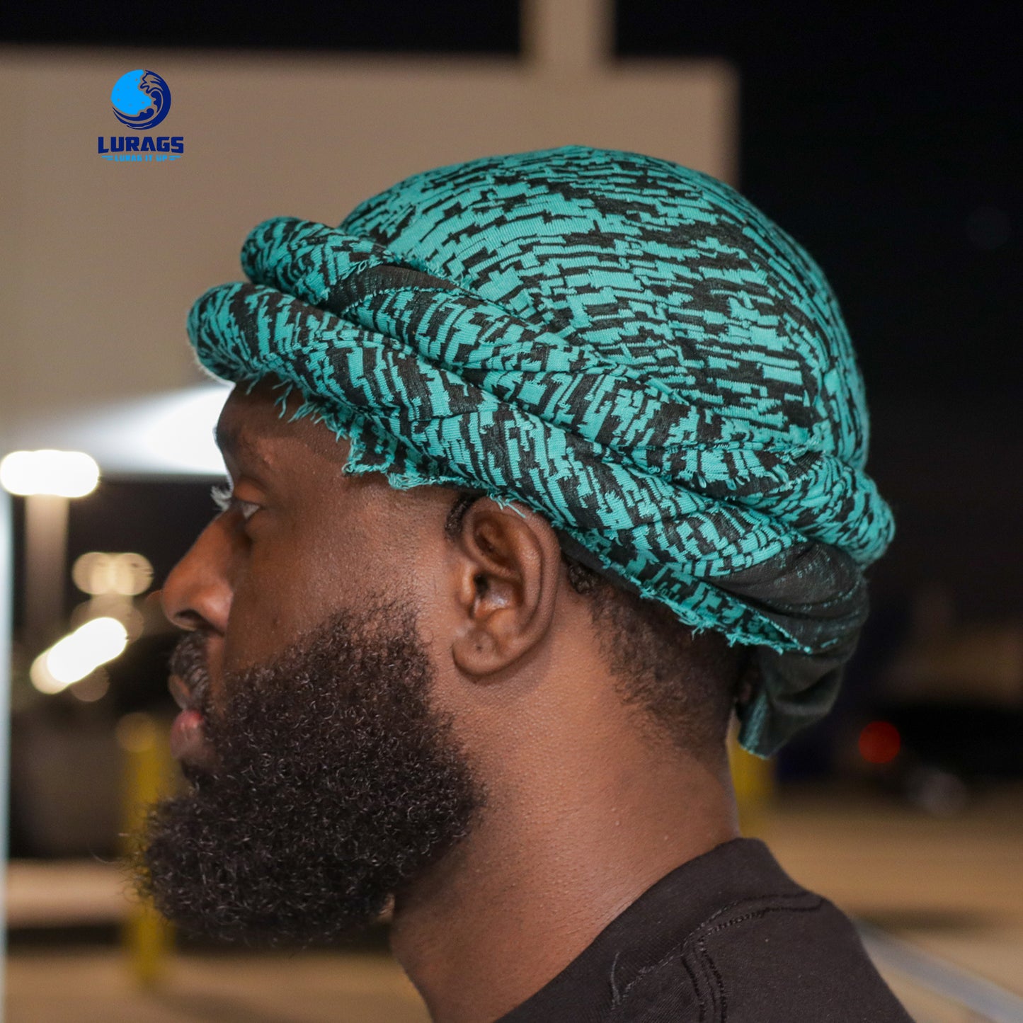 green head wrap with black stripes