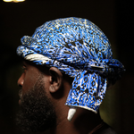 blue turban with accent designs 
