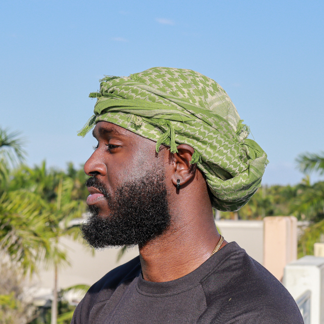 lime green head wrap with stings 