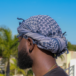 blue male turban with white spots