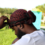 red and black head wrap with strings 