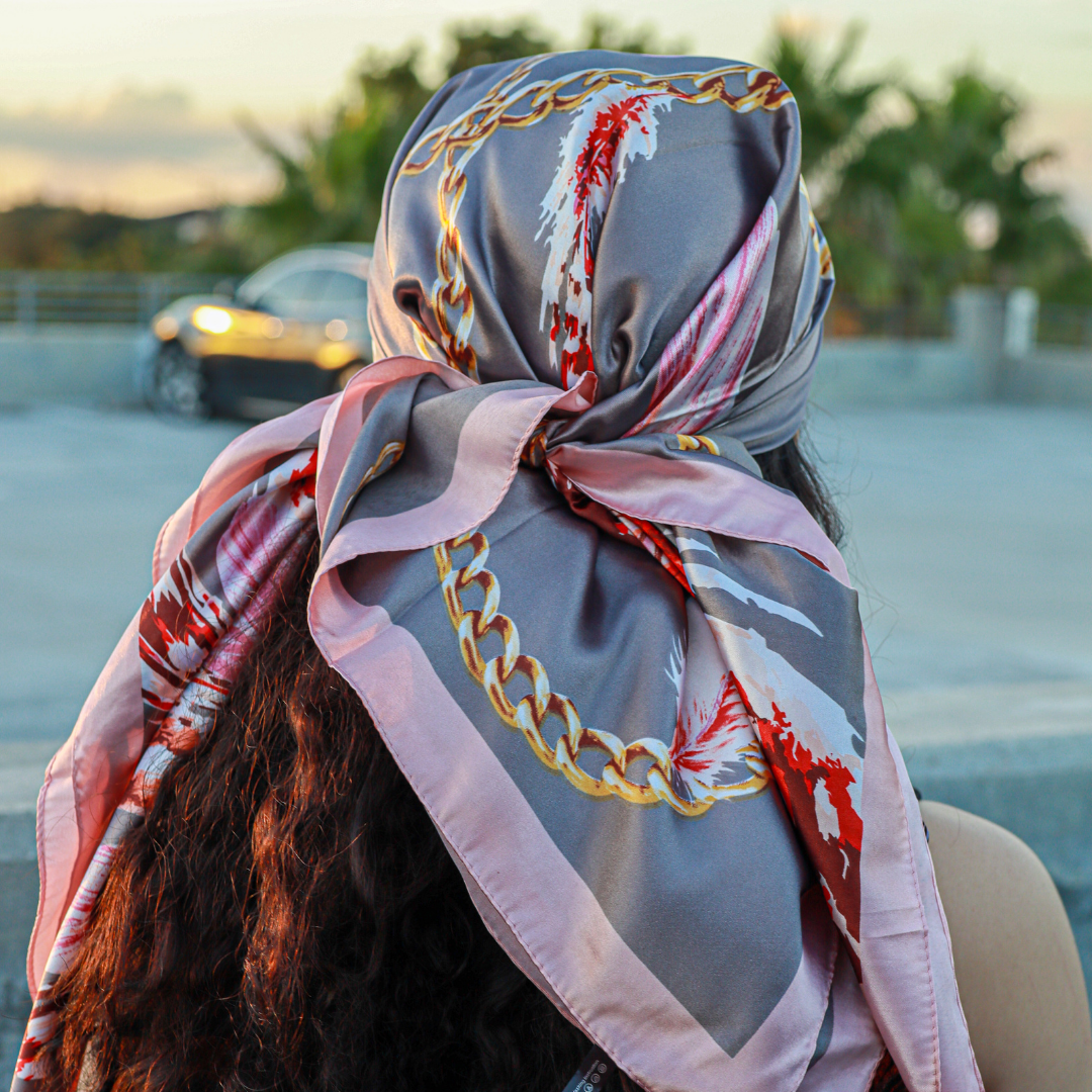 pink and grey head scarfs 