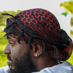 red and black head wrap with strings  Edit alt text