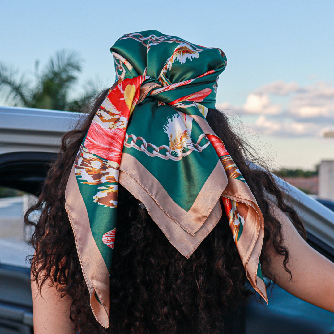 green silk scarf with orange feathers 