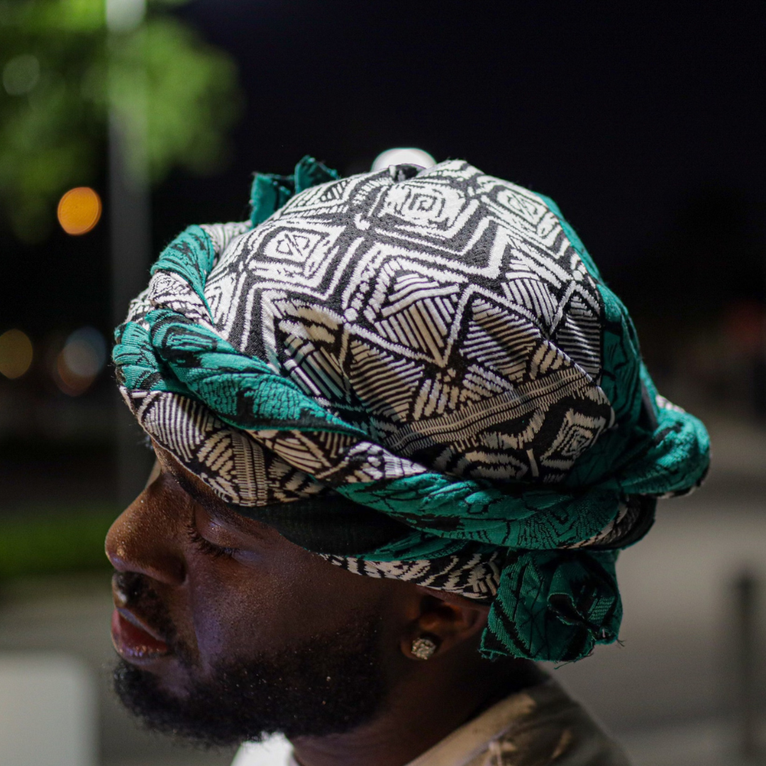 green and white turban with ancent print 