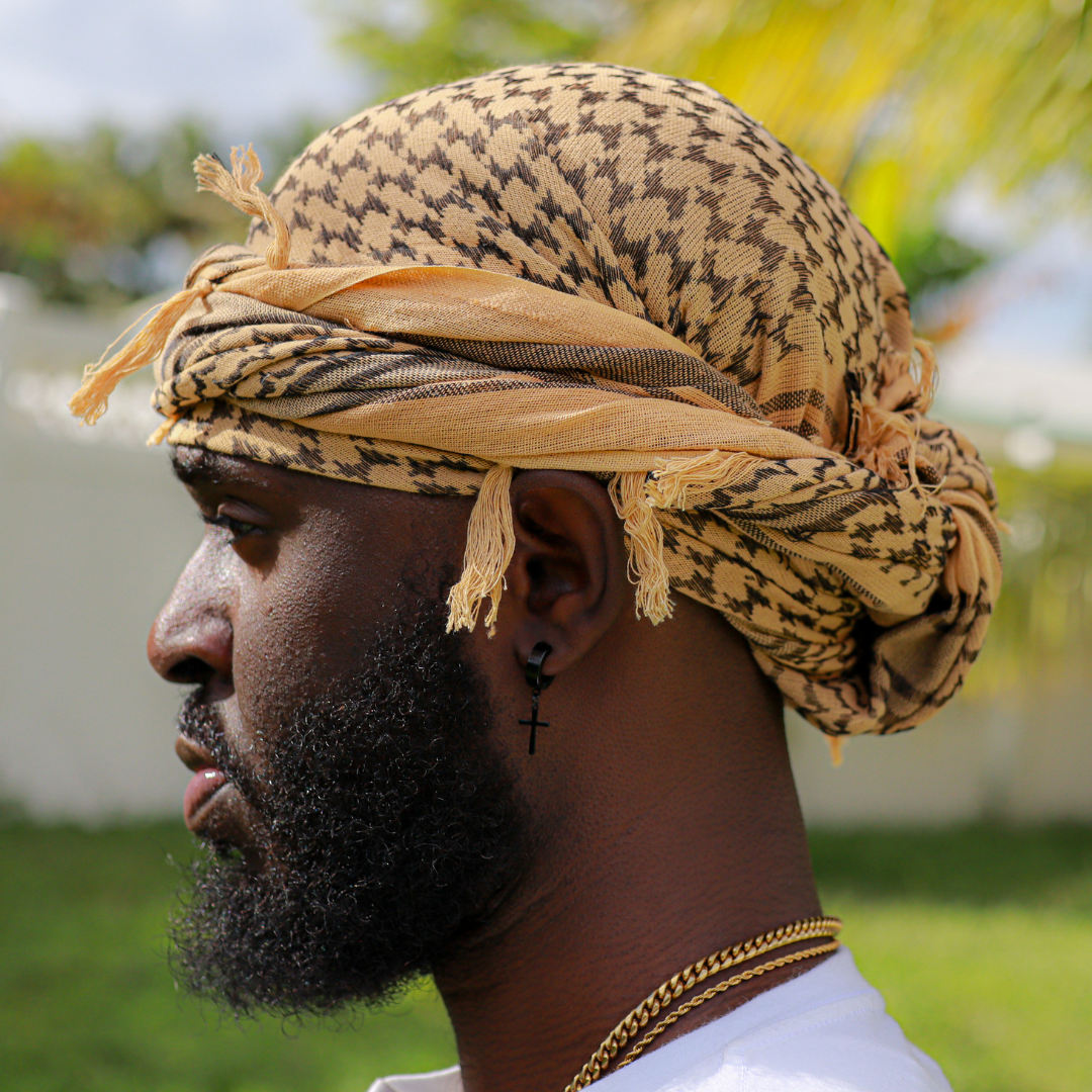 golden head wrap with strings 