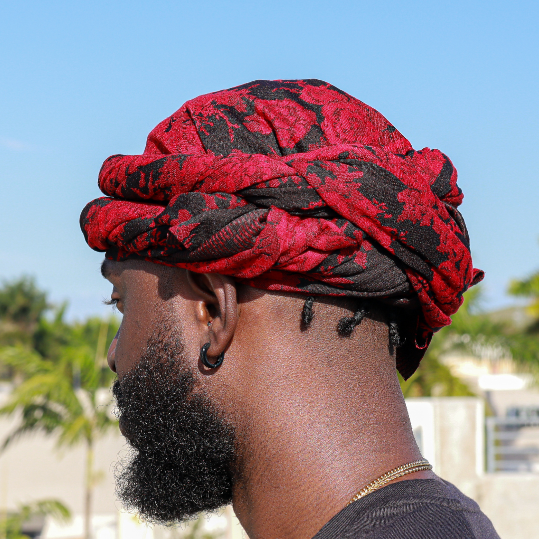 black male turban with red flowers 